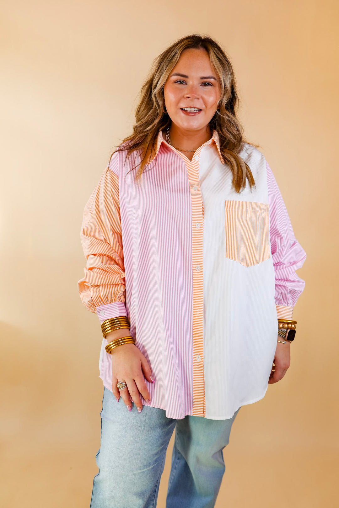 Picture This Pin Stripe Color Block Button Up Top in Pink and Orange - Giddy Up Glamour Boutique