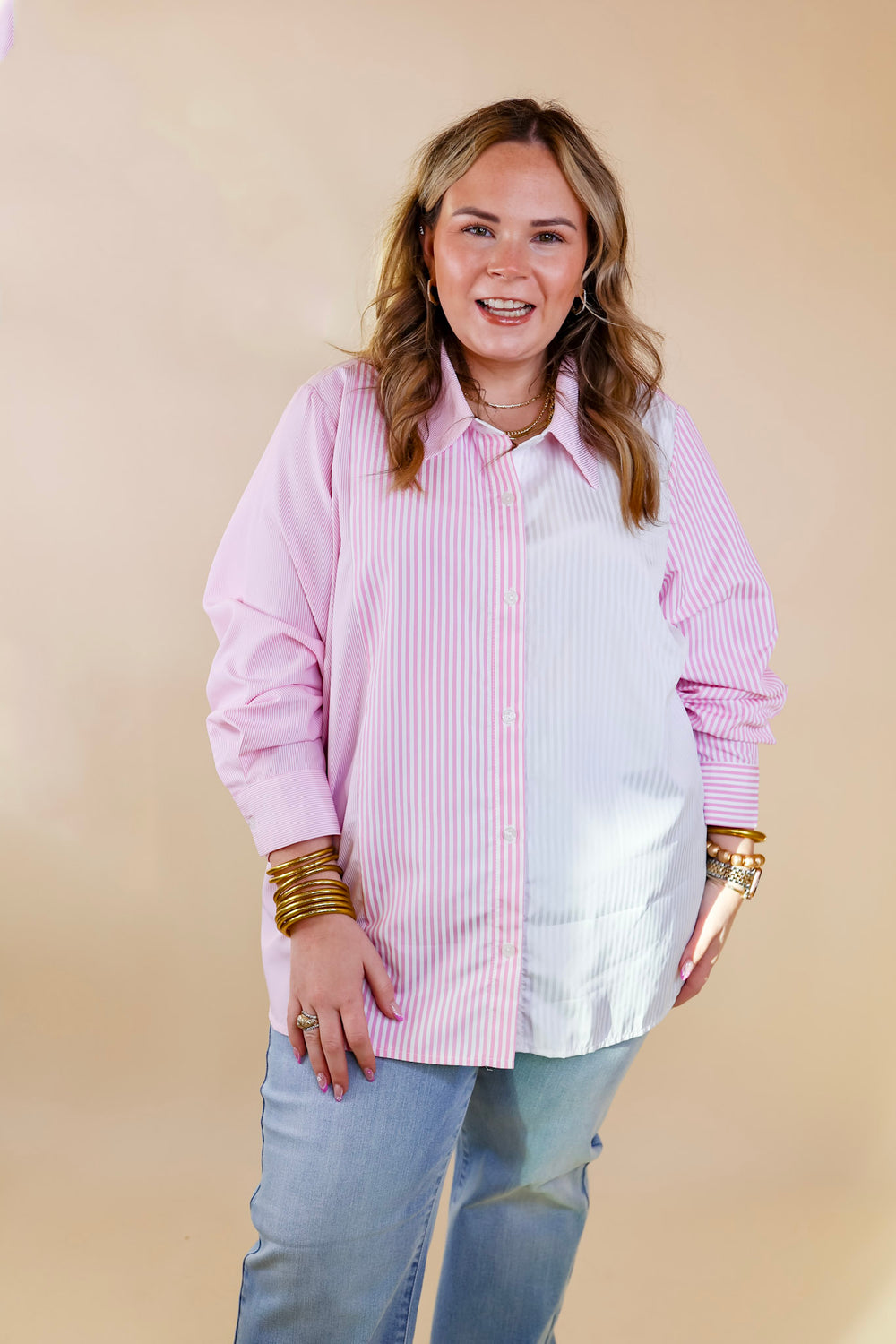 Back To You Pin Stripe Color Block Button Up Top in Pink and White - Giddy Up Glamour Boutique