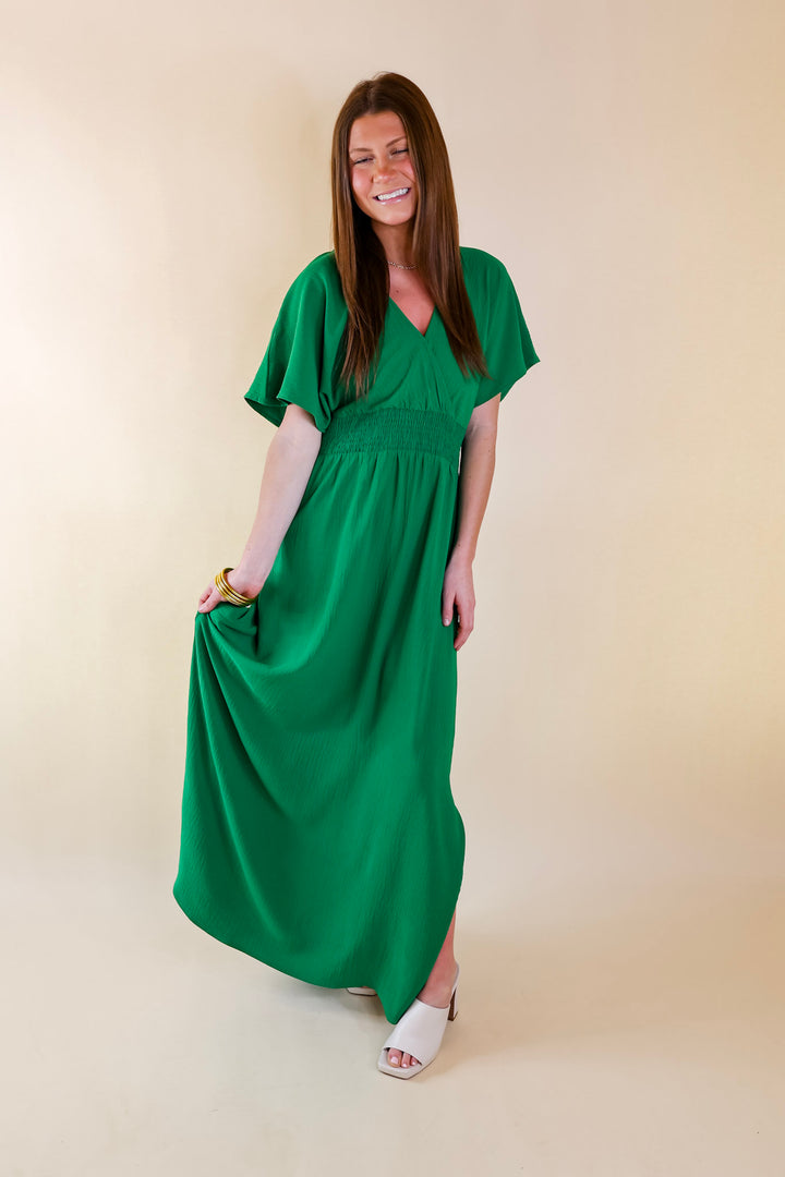 Wildly In Love V Neck Maxi Dress with Smocked Waist in Green - Giddy Up Glamour Boutique