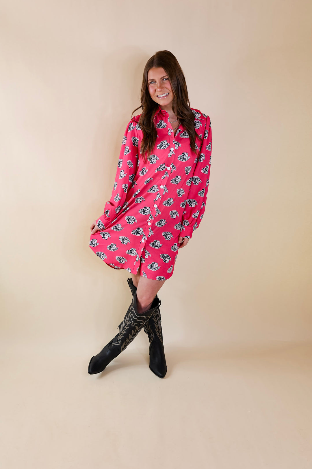 The Cowgirl Way Button Up Cow Print Cowboy Hat Dress in Hot Pink - Giddy Up Glamour Boutique