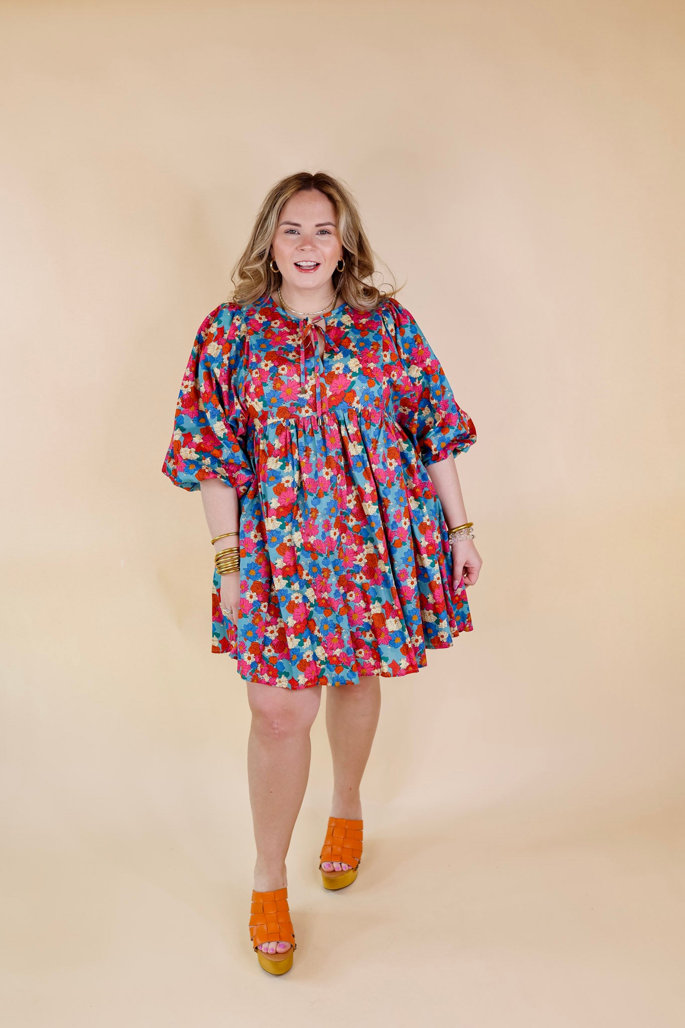 Wrapped In Love Floral Half Sleeve Dress with Keyhole Front in Turquoise - Giddy Up Glamour Boutique