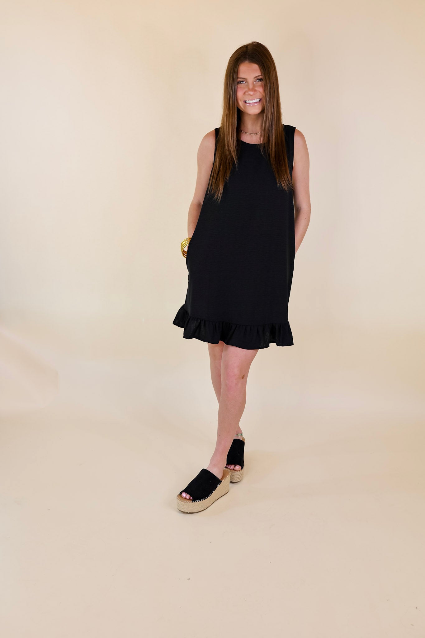 Perfectly Yours Tank Dress with Ruffle Hem in Black - Giddy Up Glamour Boutique