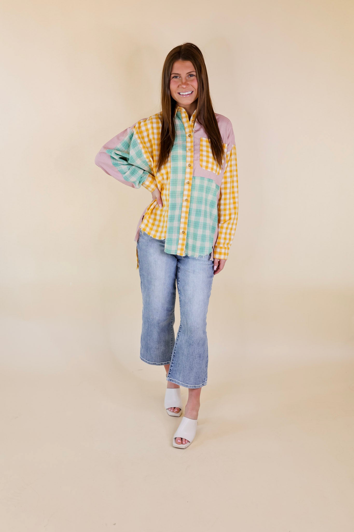 Sandy Shore Plaid Print Block Button Up Top with Raw Hem in Mustard Yellow Mix - Giddy Up Glamour Boutique