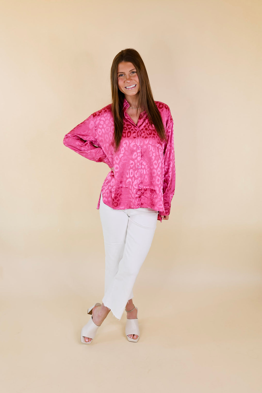 Top It Off Long Sleeve Button Up Satin Leopard Top in Hot Pink - Giddy Up Glamour Boutique