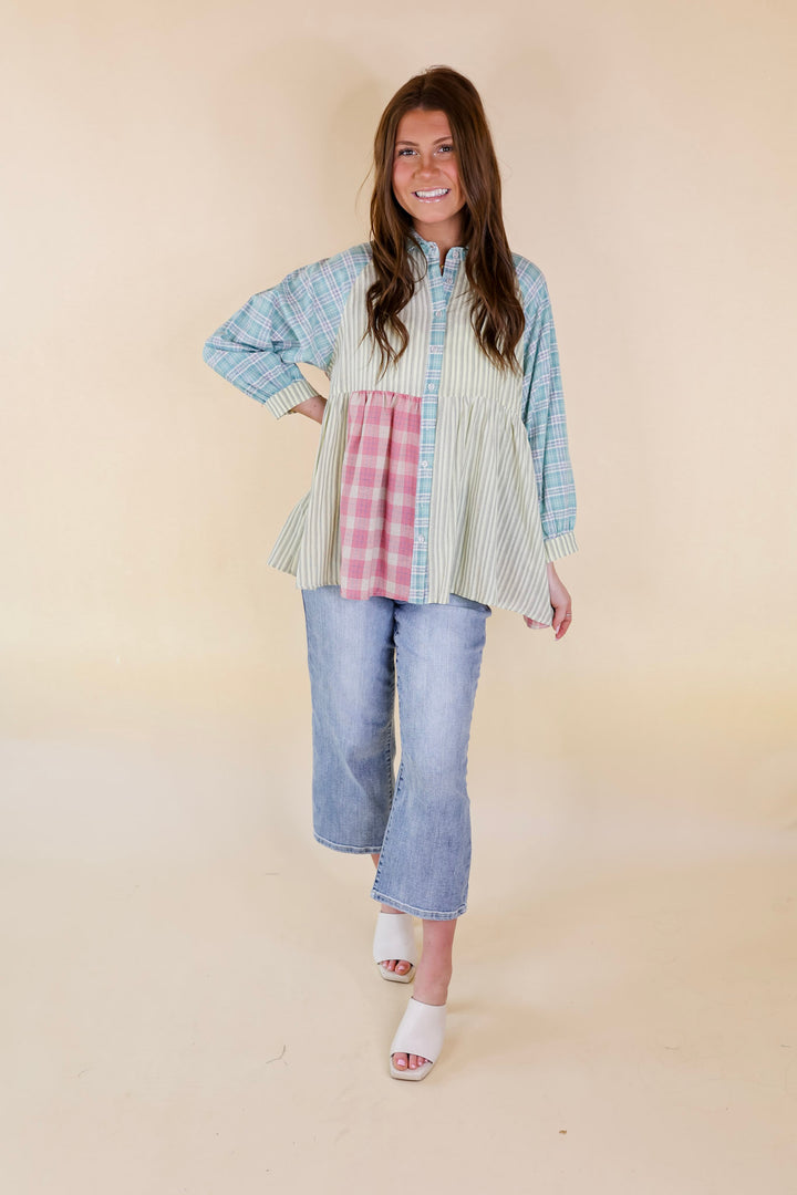 Island Adventure Button Up Mix Print Babydoll Top in Green Mix - Giddy Up Glamour Boutique
