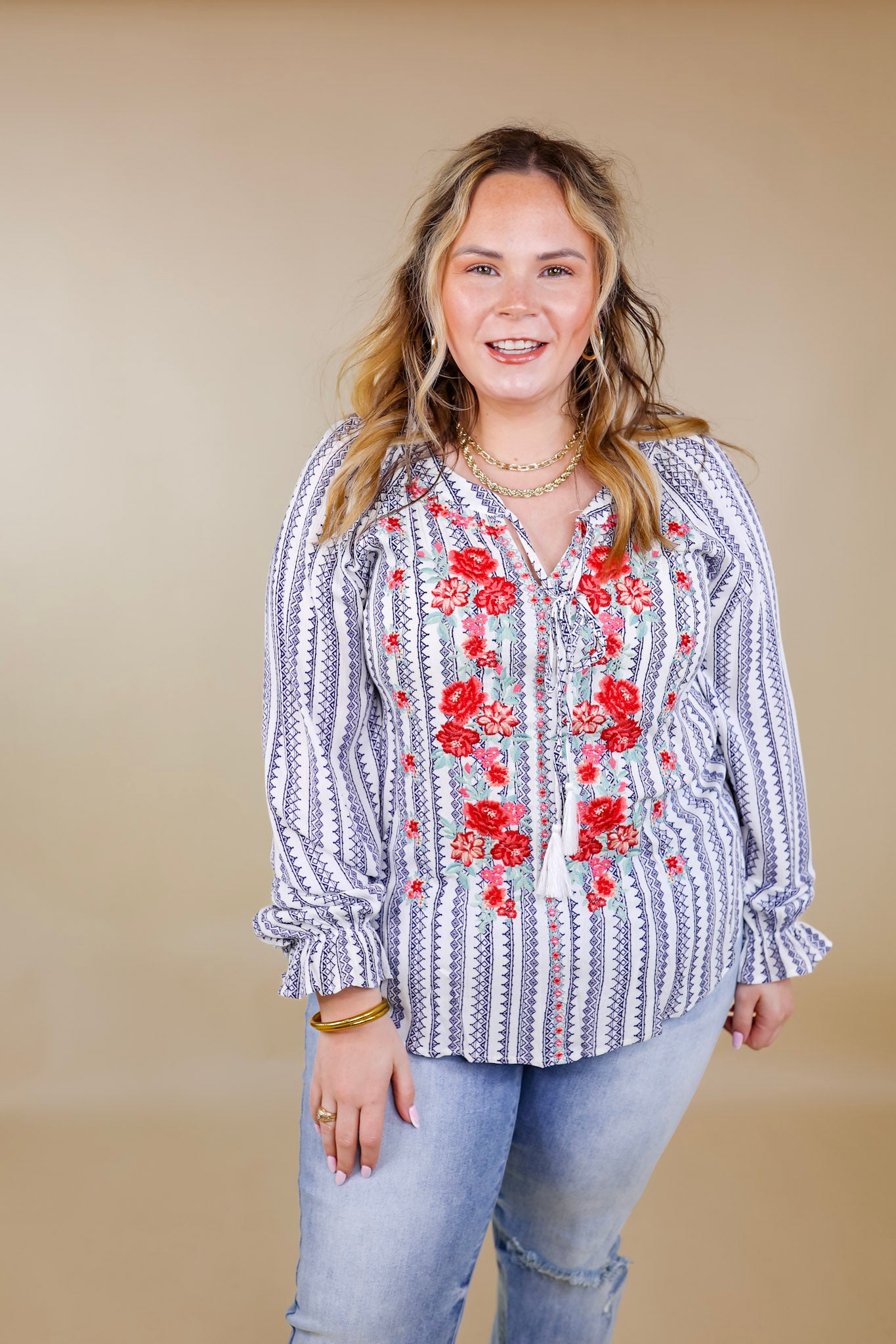 Blissful Beginnings Floral Embroidered Top with Keyhole and Tie Neck in Navy and White - Giddy Up Glamour Boutique