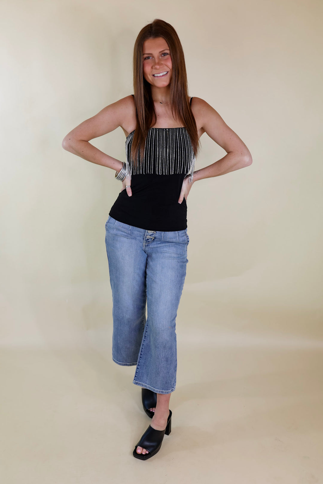 It Crowd Spaghetti Strap Top with Crystal Fringe in Black - Giddy Up Glamour Boutique