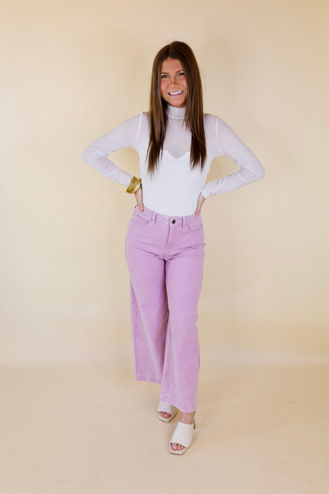 Try Your Luck Crystal Mesh Long Sleeve Bodysuit in White - Giddy Up Glamour Boutique