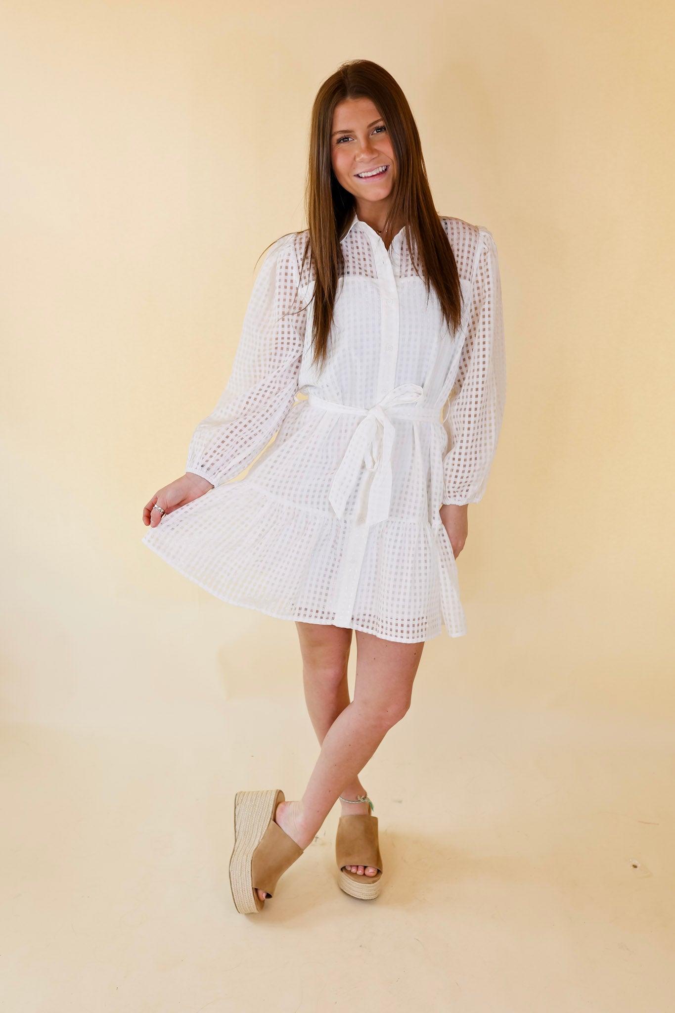 Fresh Air Sheer Gingham Print Button Up Dress in Ivory - Giddy Up Glamour Boutique