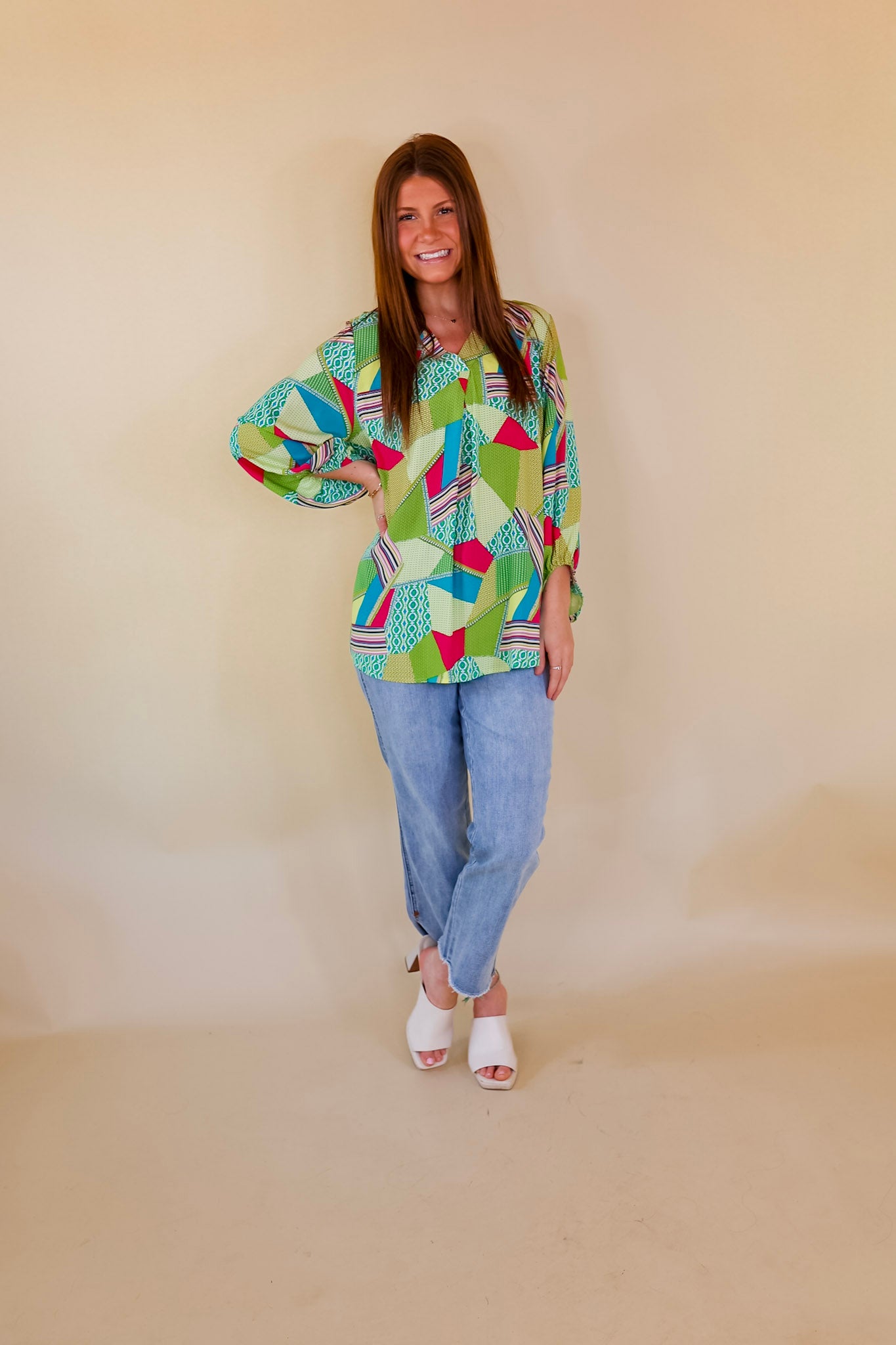 Eyes On Paradise Mix Patch Print Blouse with 3/4 Sleeves in Green Mix - Giddy Up Glamour Boutique