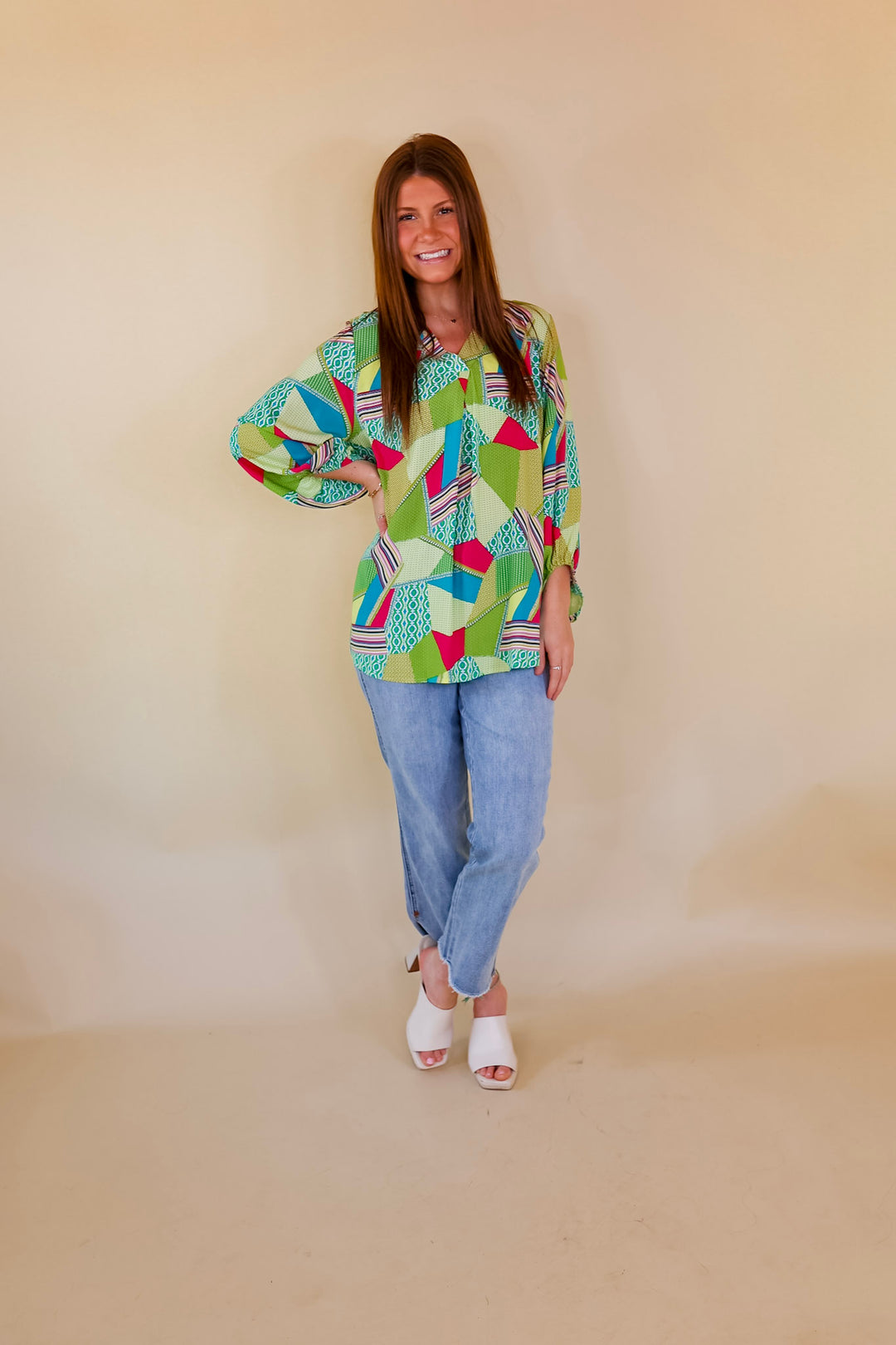 Eyes On Paradise Mix Patch Print Blouse with 3/4 Sleeves in Green Mix - Giddy Up Glamour Boutique