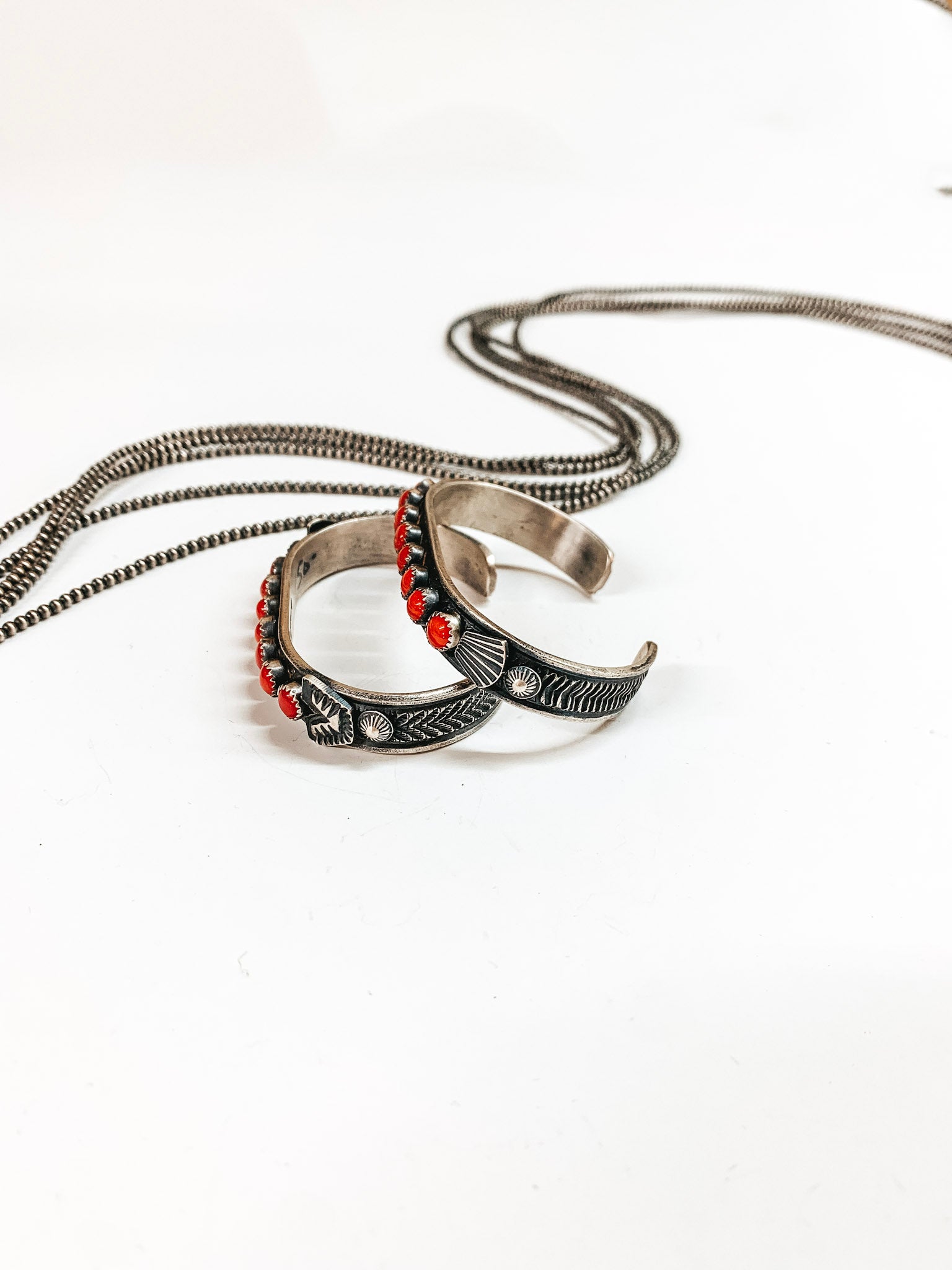 Kevin Billah | Navajo Handmade Sterling Silver Cuff With Red Coral Circle Stones - Giddy Up Glamour Boutique