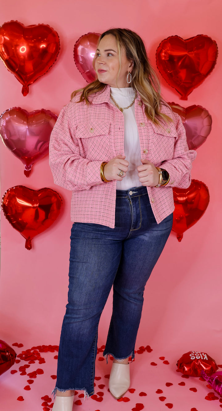 Rodeo Drive Button Up Tweed Jacket in Pink - Giddy Up Glamour Boutique