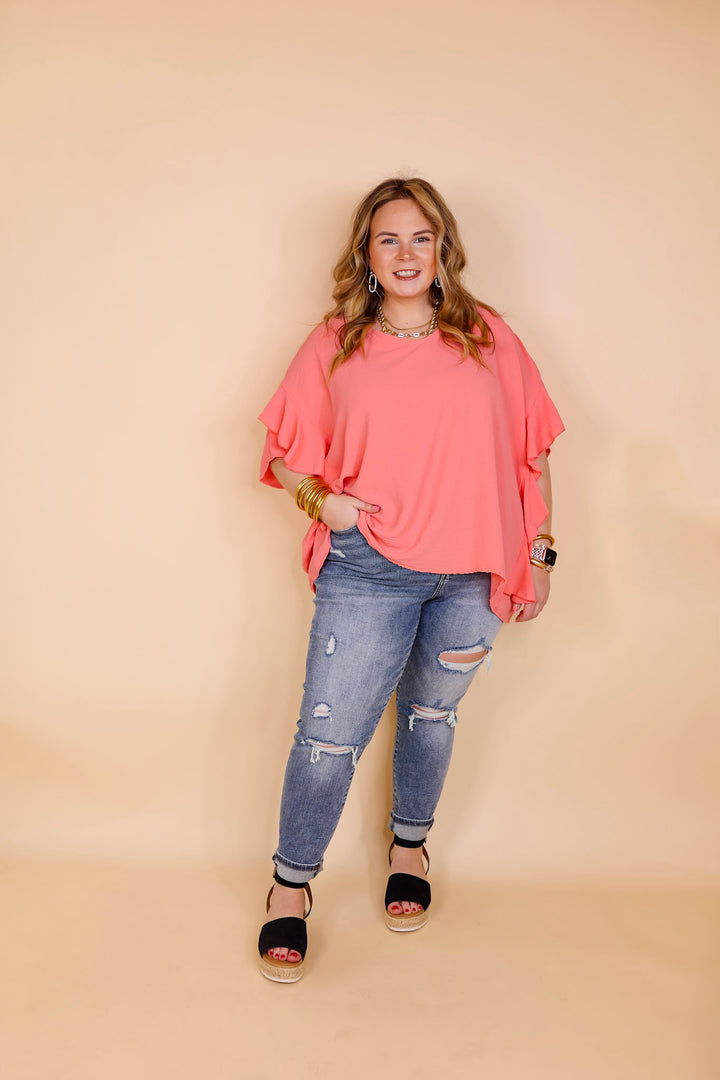 Sip of Spring Ruffle Sleeve Shift Top with V Neckline in Coral Orange - Giddy Up Glamour Boutique