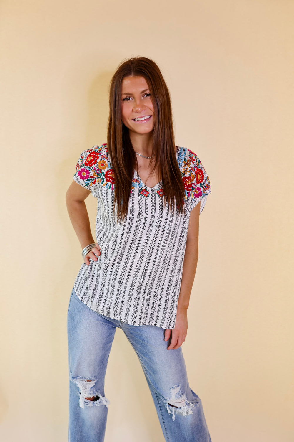 Happy Rush Tribal Stripe V Neck Top with Floral Embroidery in White - Giddy Up Glamour Boutique
