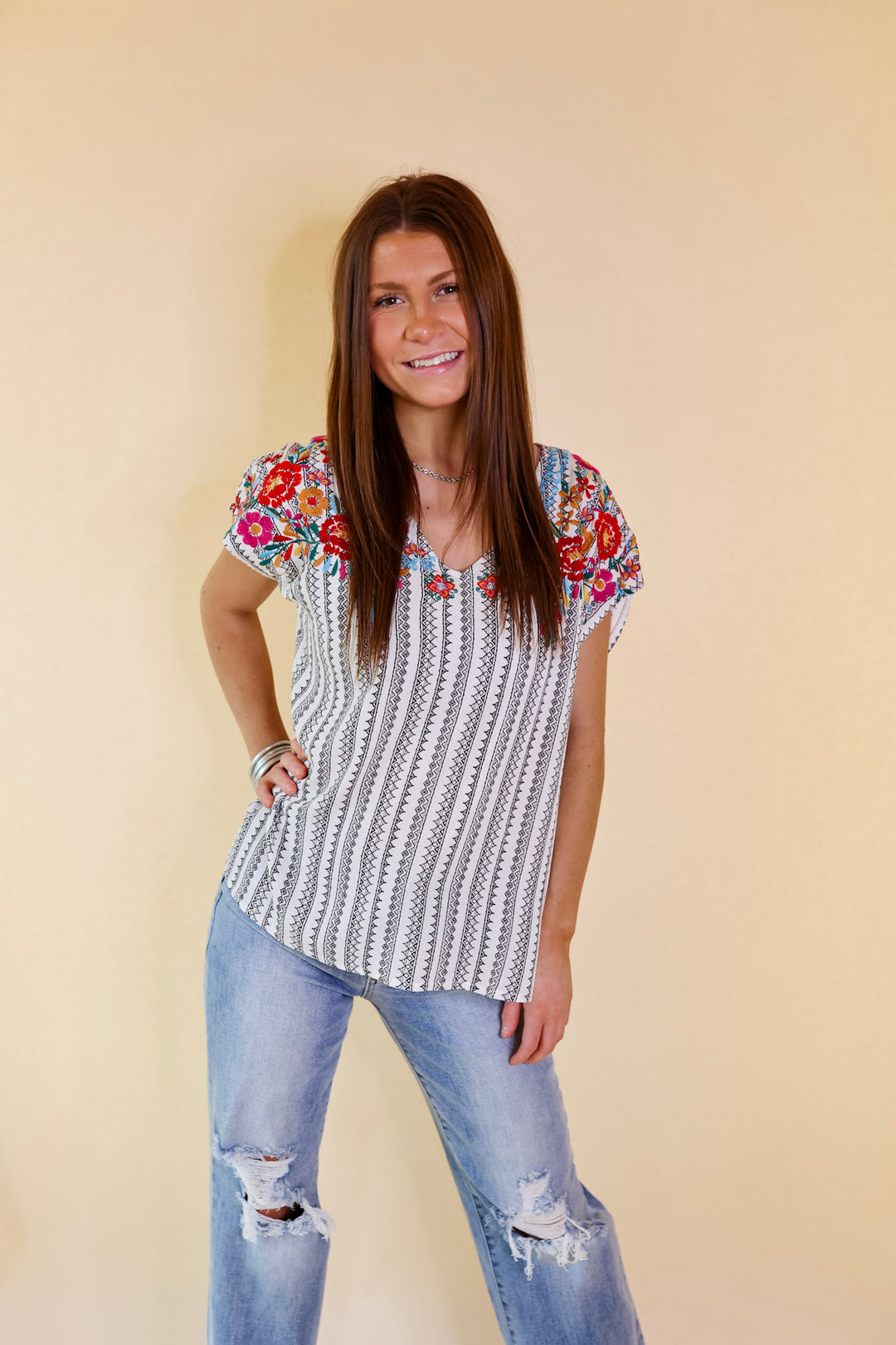 Happy Rush Tribal Stripe V Neck Top with Floral Embroidery in White - Giddy Up Glamour Boutique