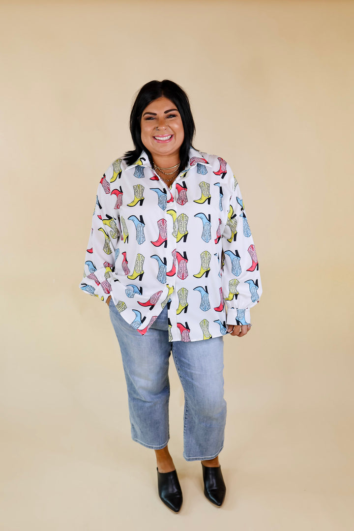 The Cowgirl Way Button Up Multi Color Cowgirl Boot Top in White - Giddy Up Glamour Boutique