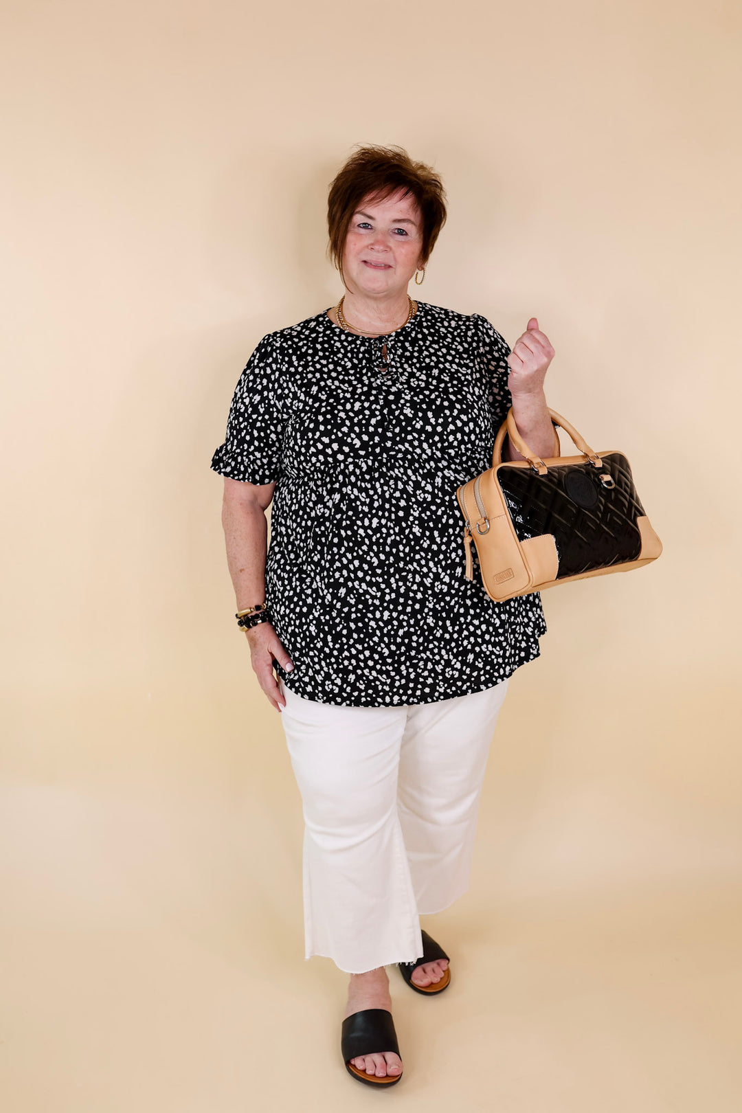 Waiting For A Sign Cheetah Print Babydoll Top with Keyhole and Tie Neckline in Black - Giddy Up Glamour Boutique