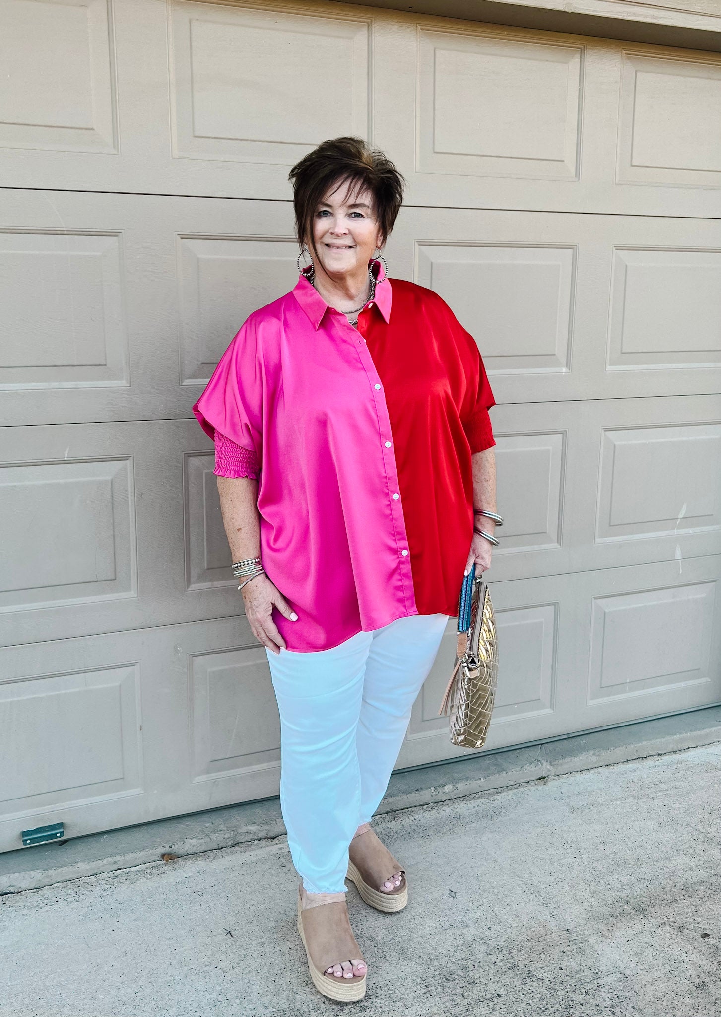 Major Glow Satin Smocked 3/4 Sleeve Button Up Blouse in Pink and Red - Giddy Up Glamour Boutique
