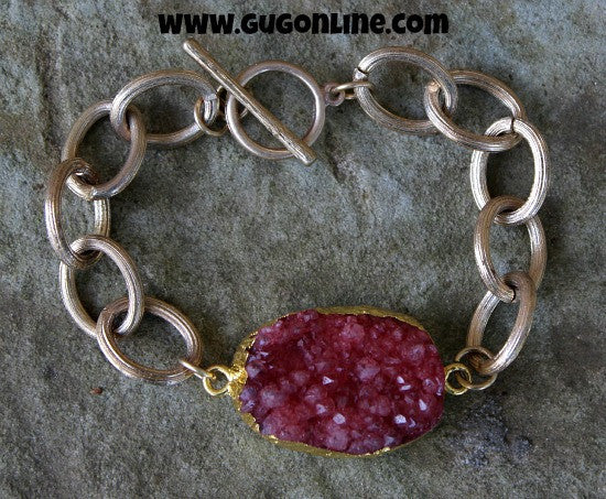 Gold Chain Link Bracelet with Maroon Druzy Stone - Giddy Up Glamour Boutique