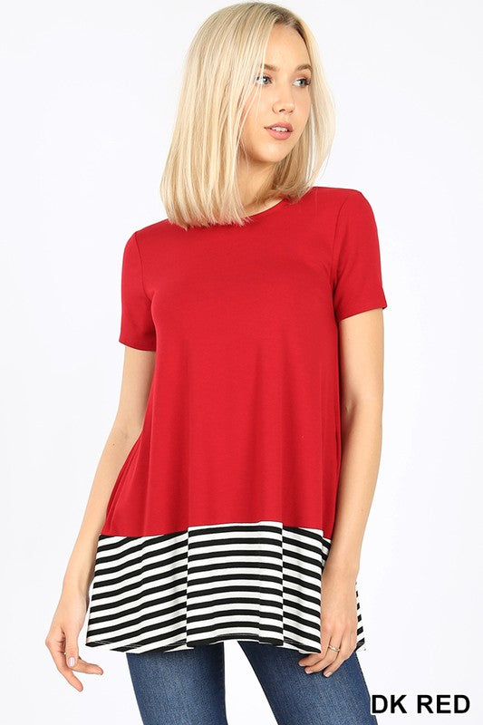 STRIPED & SOLID CONTRAST SHORT SLEEVE TOP IN RED - Giddy Up Glamour Boutique