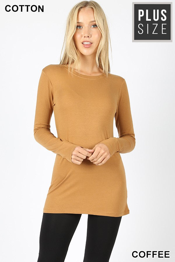 PLUS COTTON CREW NECK  LONG SLEEVE T-SHIRT in Coffee - Giddy Up Glamour Boutique