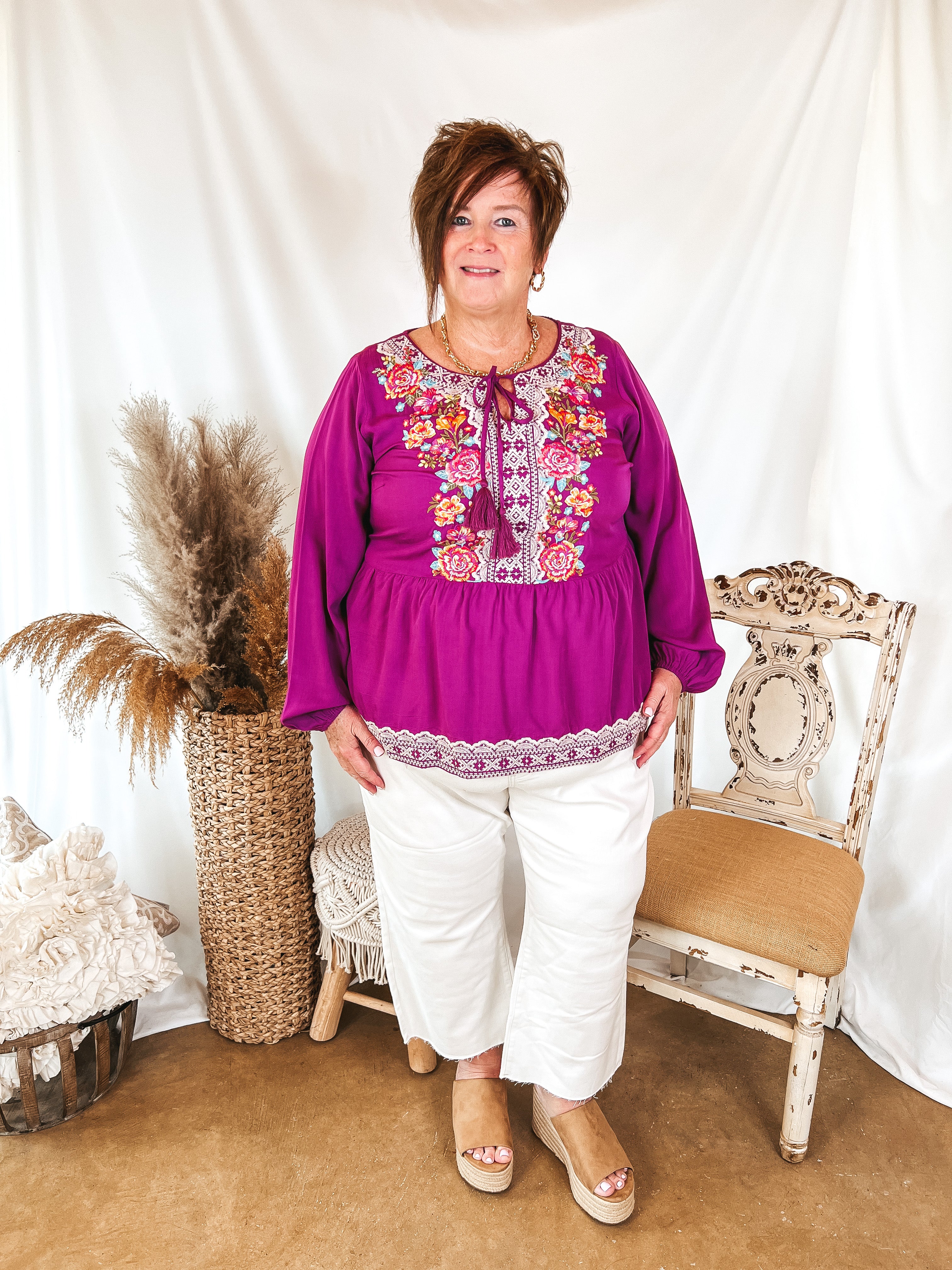 Stuck In A Daydream Long Sleeve Keyhole Top with Floral Embroidery in Magenta Purple - Giddy Up Glamour Boutique