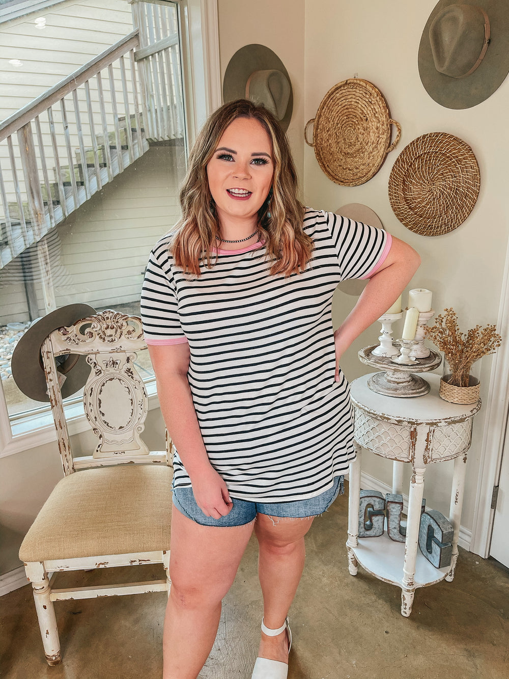 Sunday Drive Black and Ivory Striped Short Sleeve Top with Pink Trim - Giddy Up Glamour Boutique
