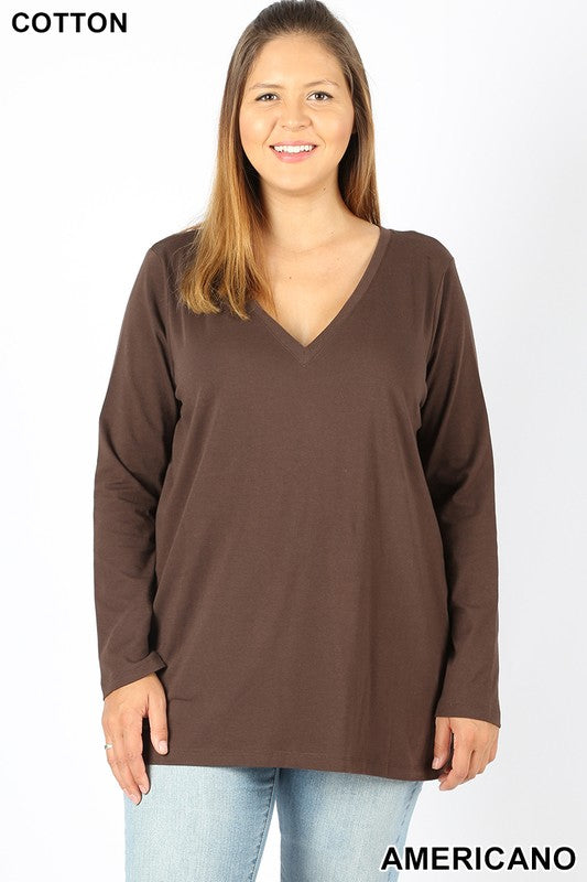 Tri-blend V Neck Solid Longsleeve Tee in Brown - Giddy Up Glamour Boutique