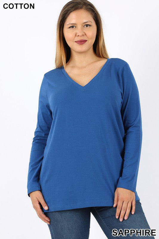 Tri-blend V Neck Solid Longsleeve Tee in ROYAL - Giddy Up Glamour Boutique