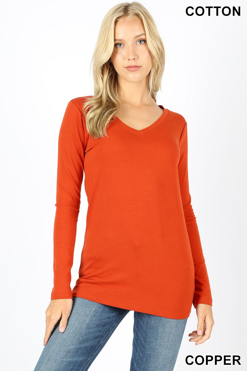 Tri-blend V Neck Solid Longsleeve Tee in Copper - Giddy Up Glamour Boutique