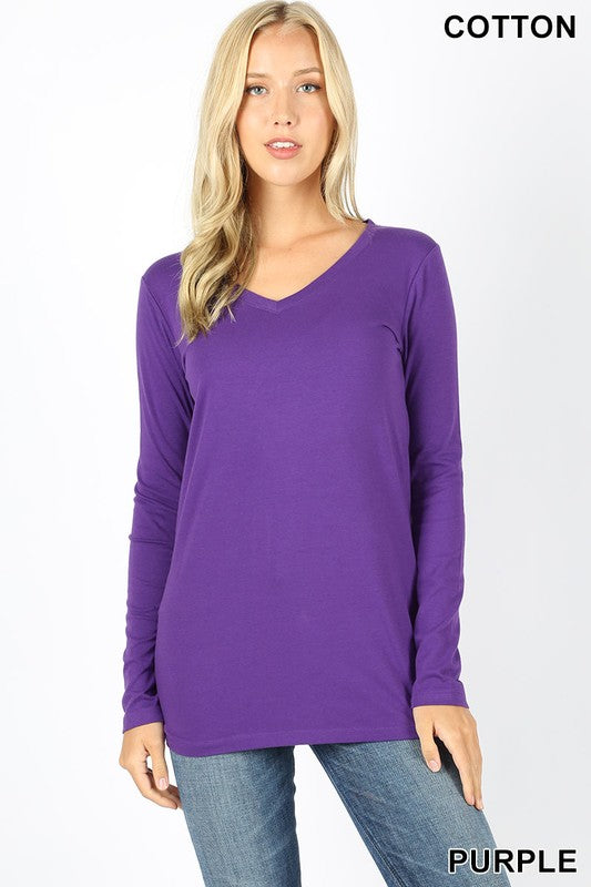 Tri-blend V Neck Solid Longsleeve Tee in Purple - Giddy Up Glamour Boutique