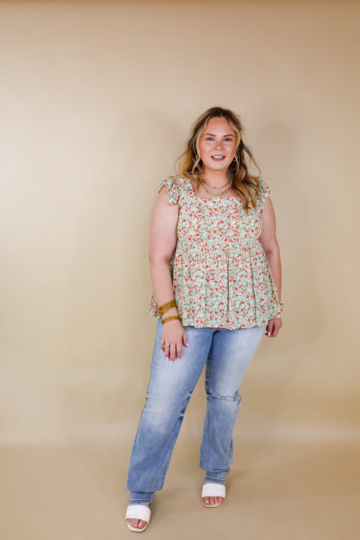 Magic Melody Floral Babydoll Tank Top in Light Sage Green - Giddy Up Glamour Boutique