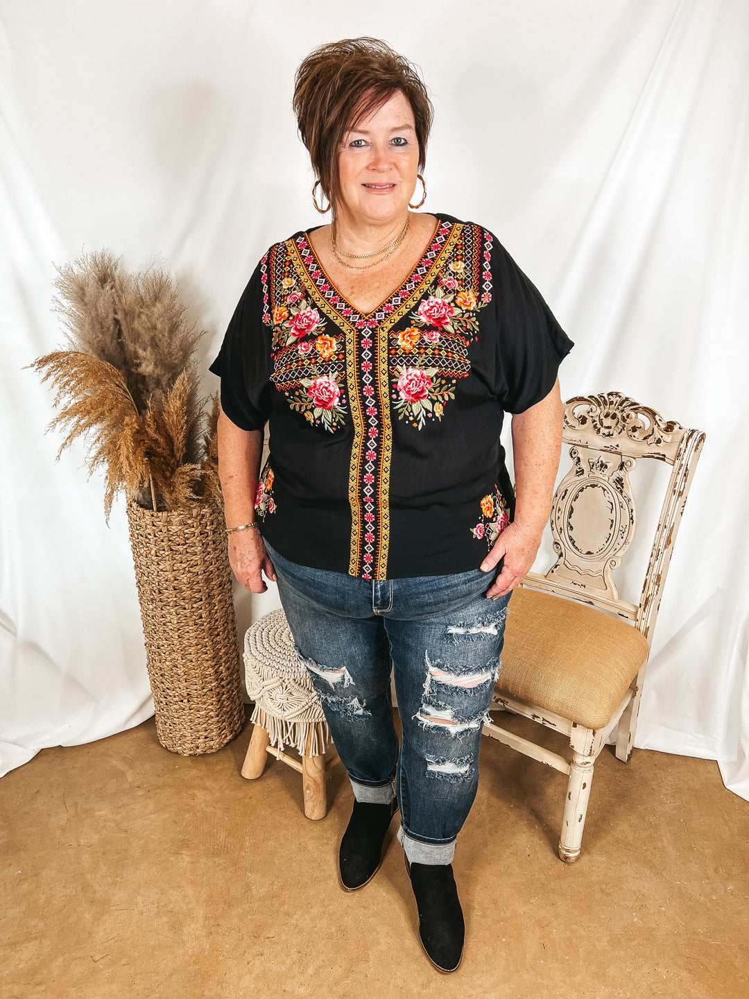 Time in Terlingua Southwest Embroidered Short Sleeve V Neck Top in Black - Giddy Up Glamour Boutique