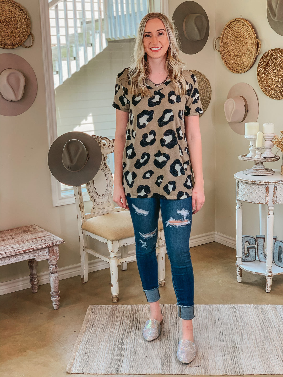 Keep Things Simple Large Leopard V Neck Tee Shirt in Taupe - Giddy Up Glamour Boutique