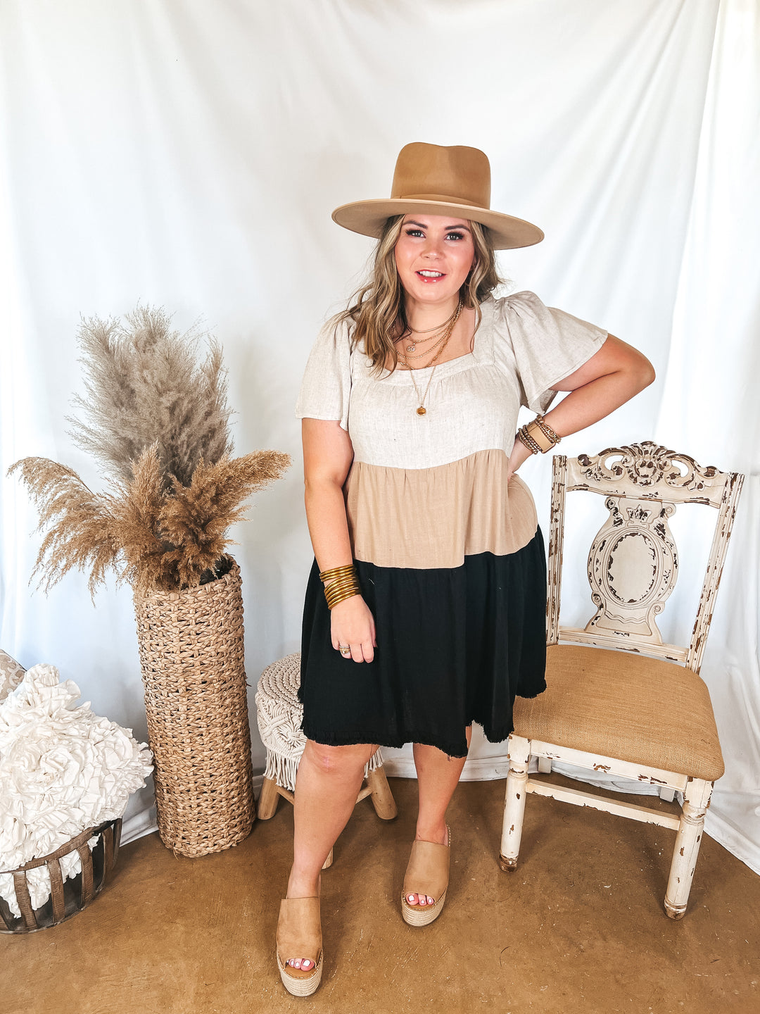 Promised Love Square Neck Color Block Dress in Brown and Black - Giddy Up Glamour Boutique