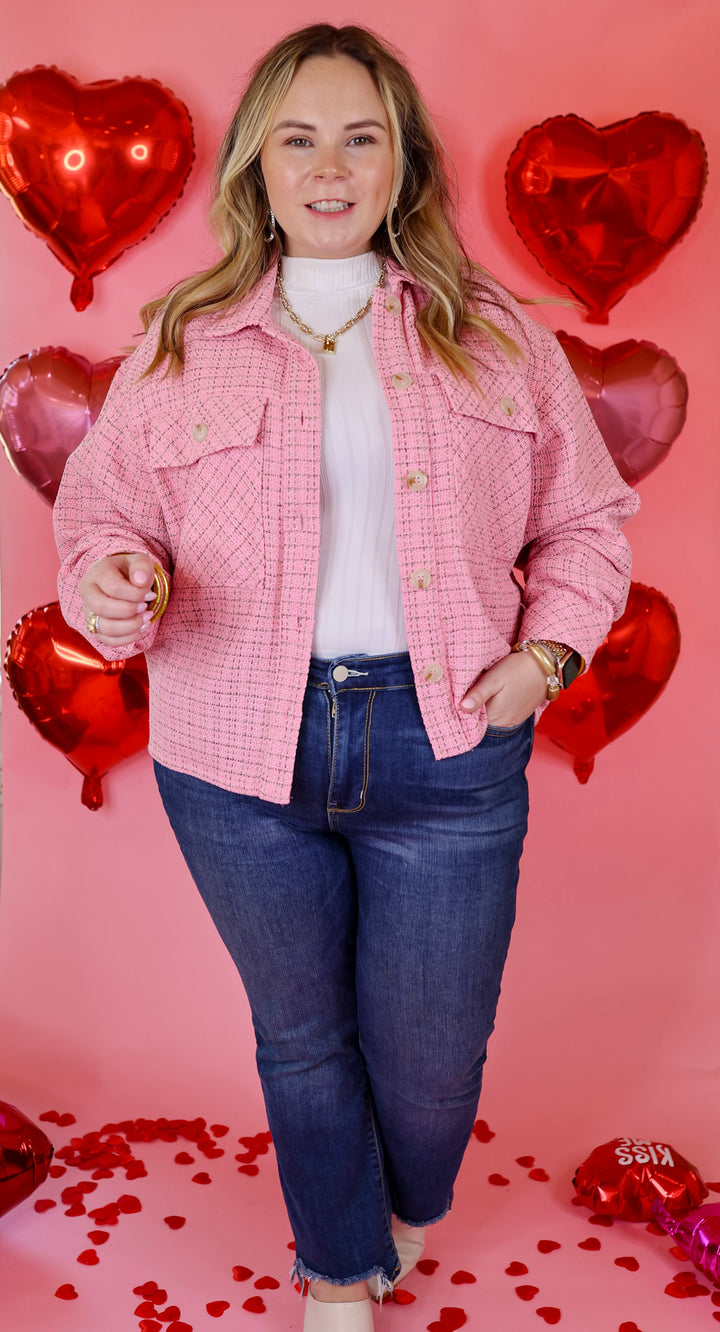 Rodeo Drive Button Up Tweed Jacket in Pink - Giddy Up Glamour Boutique