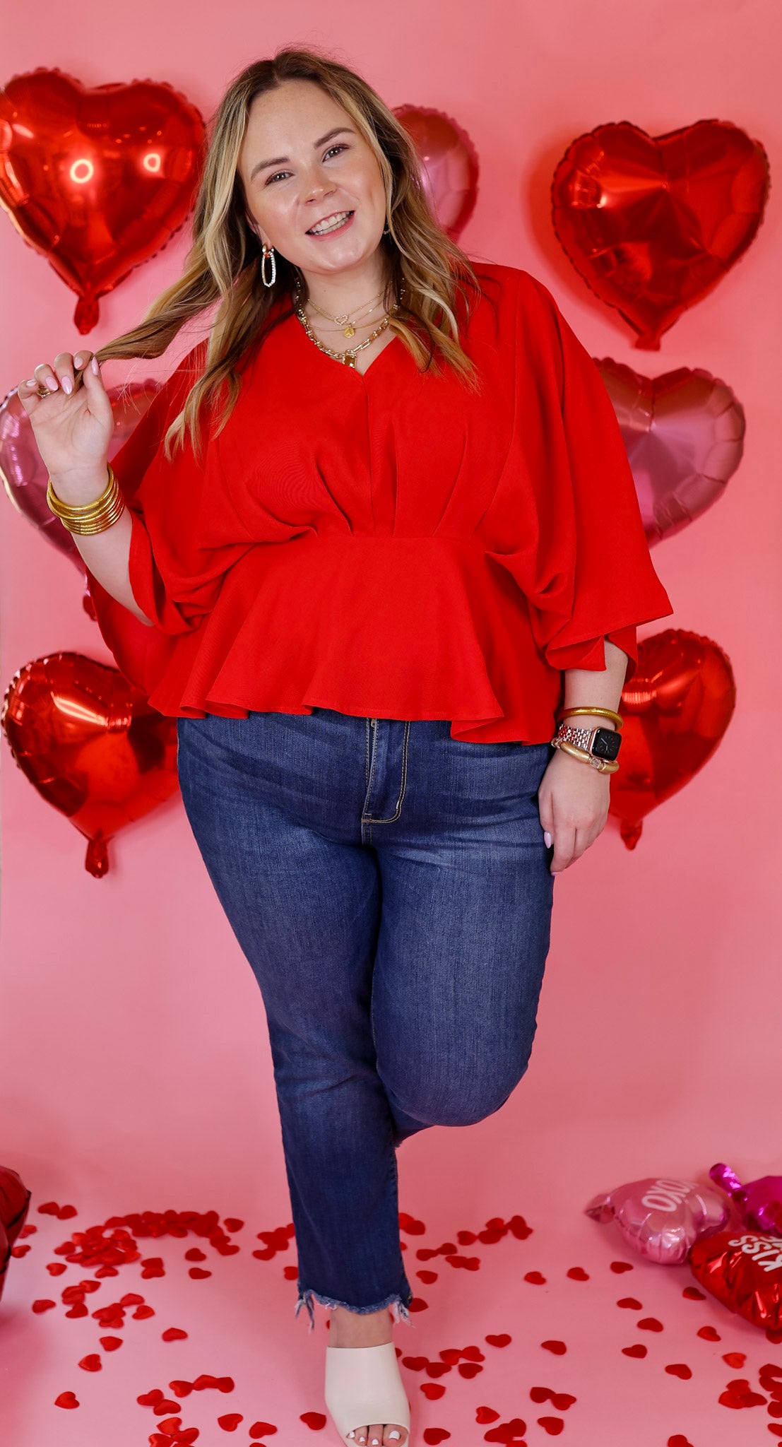 Hear the Music Drop Sleeve V Neck Peplum Top in Red - Giddy Up Glamour Boutique