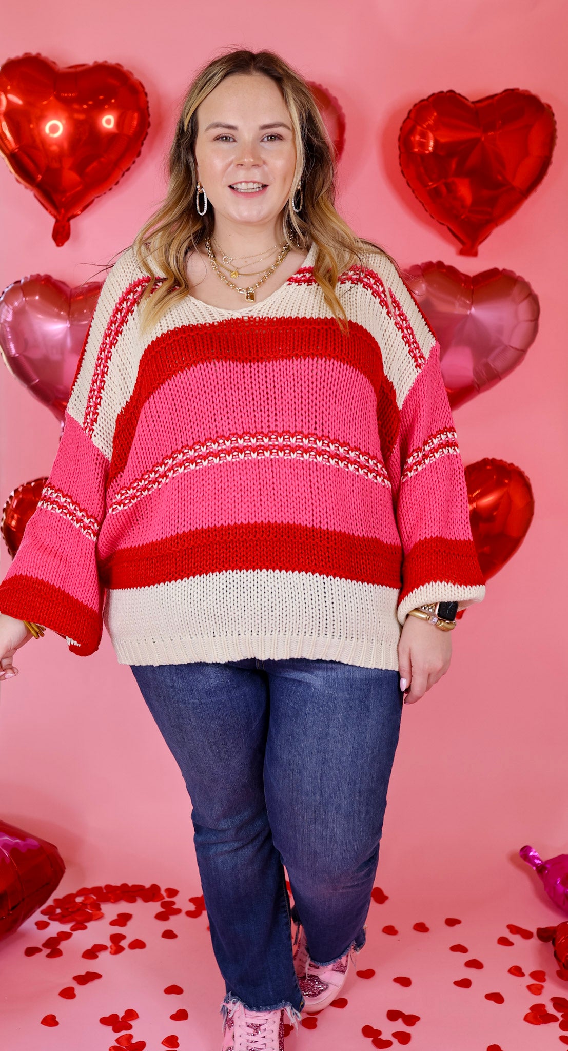 Cozy On Up Long Sleeve Striped Sweater in Red Mix - Giddy Up Glamour Boutique