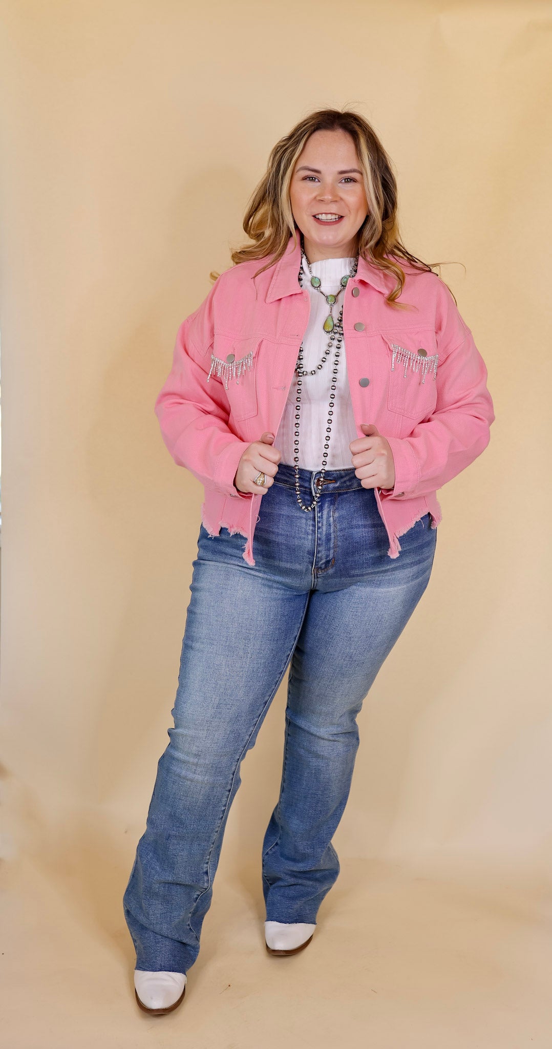 Made To Shine Crystal Fringe Pocket Cropped Denim Jacket in Pink - Giddy Up Glamour Boutique