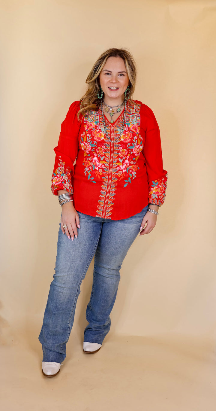 Brunch With Me Long Sleeve Embroidered Top with V Neckline in Red - Giddy Up Glamour Boutique