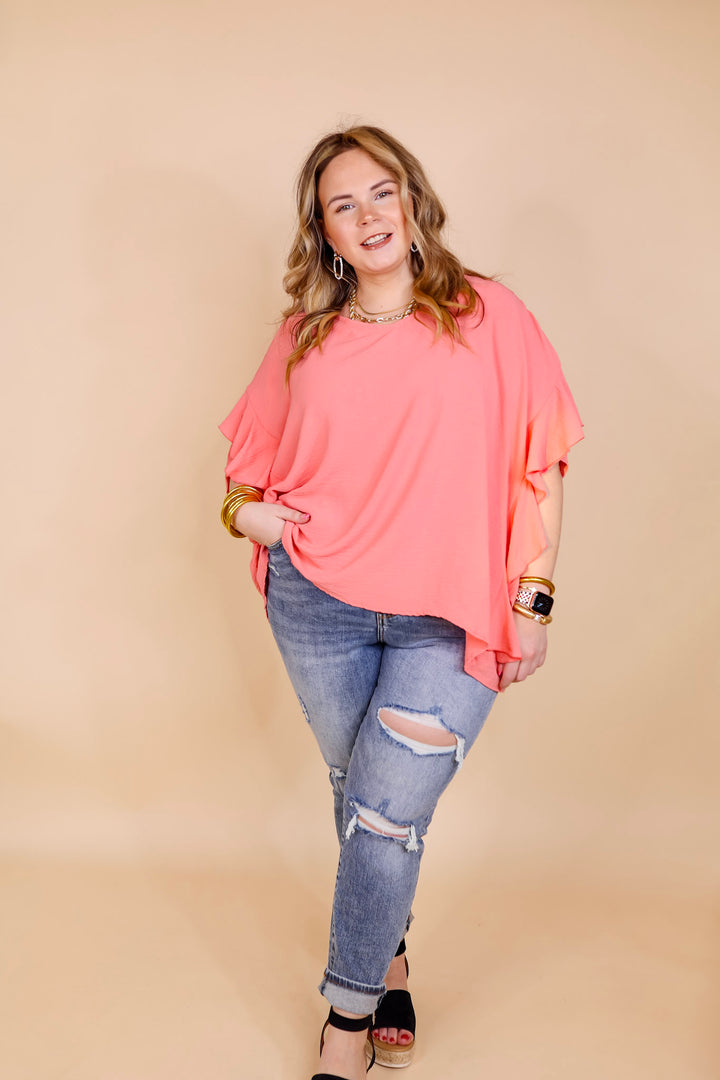 Sip of Spring Ruffle Sleeve Shift Top with V Neckline in Coral Orange - Giddy Up Glamour Boutique