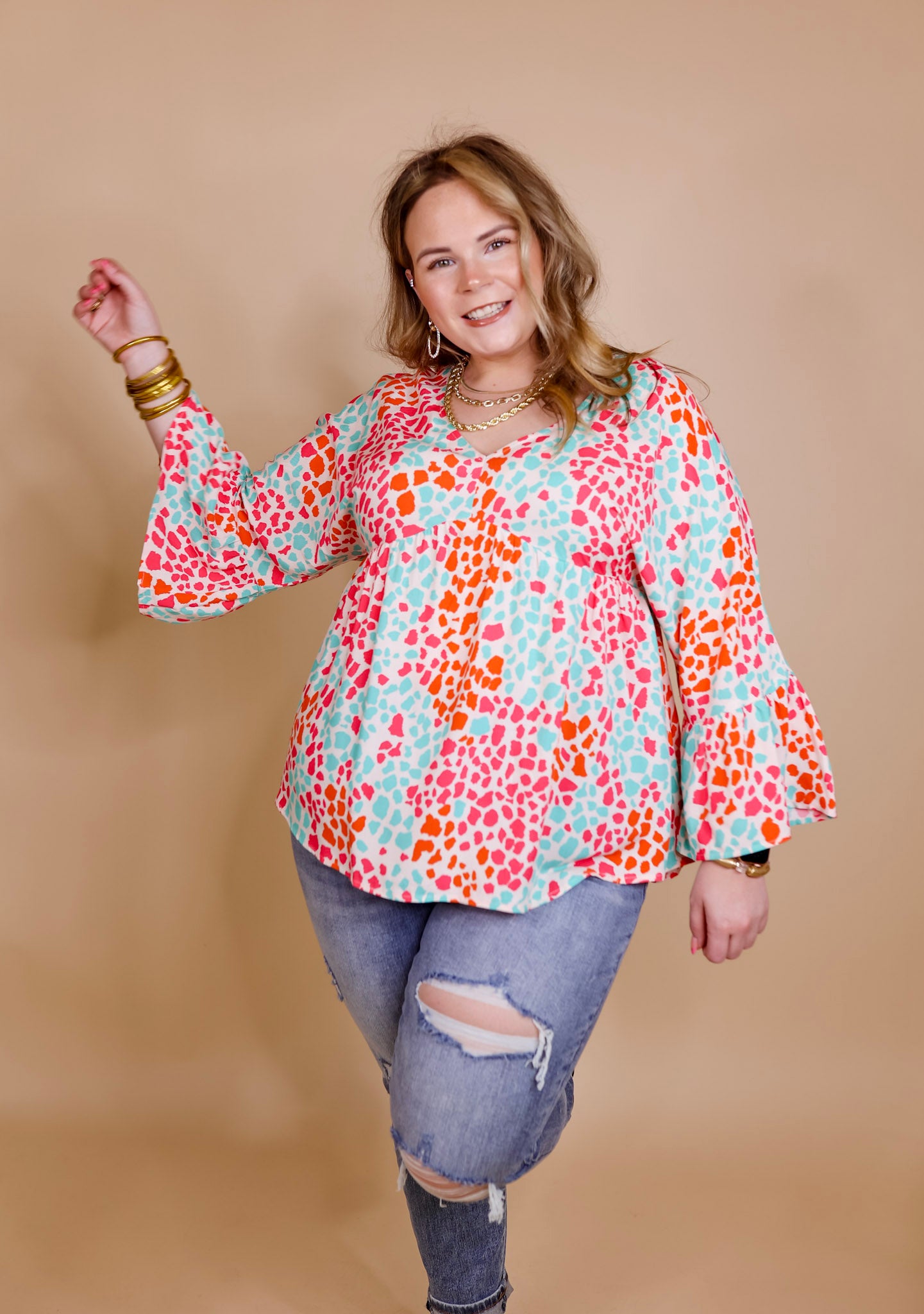 Feeling Ideal Multi Color Dotted Babydoll Top with Ruffle 3/4 Sleeves in Ivory - Giddy Up Glamour Boutique