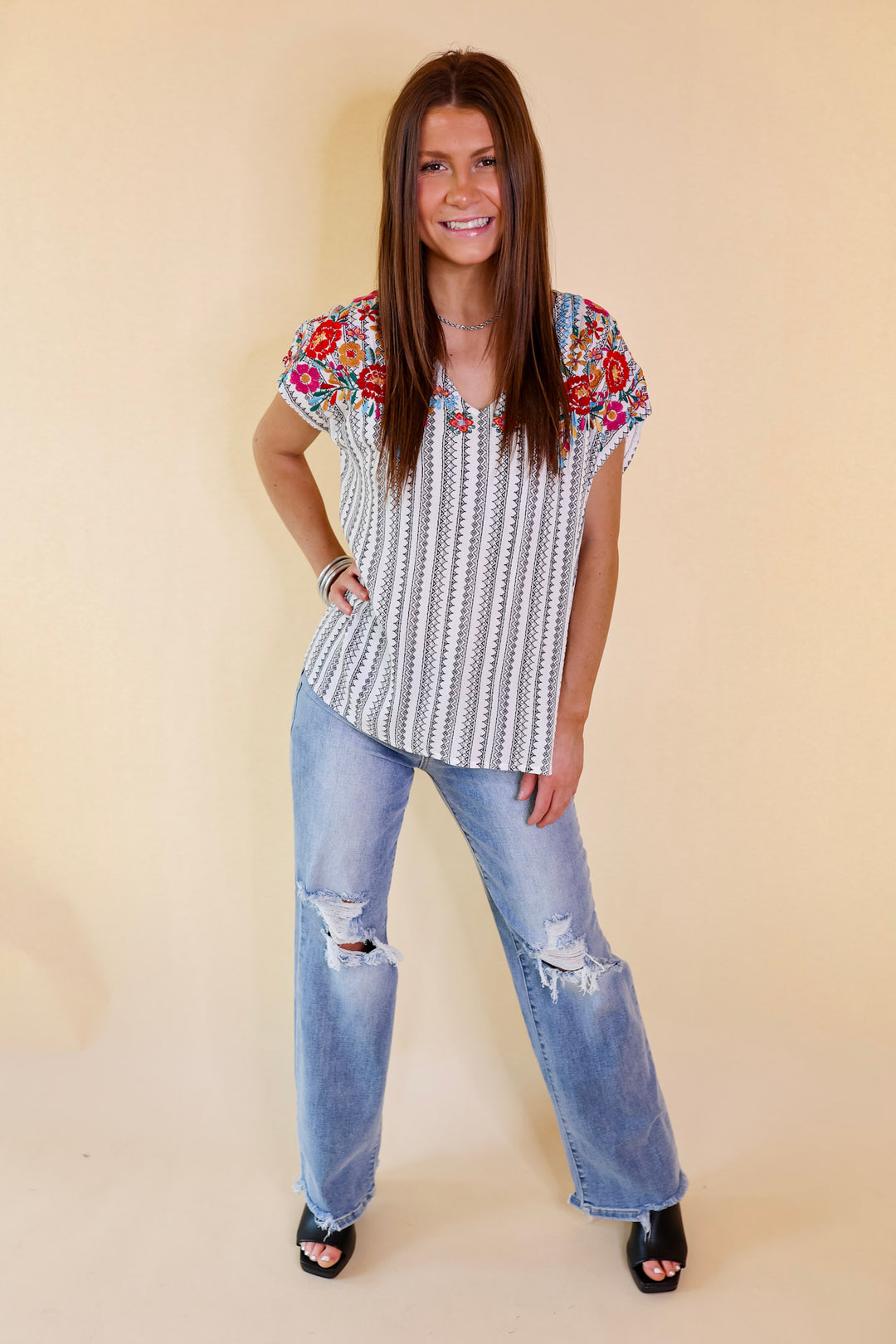 Happy Rush Tribal Stripe V Neck Top with Floral Embroidery in White - Giddy Up Glamour Boutique