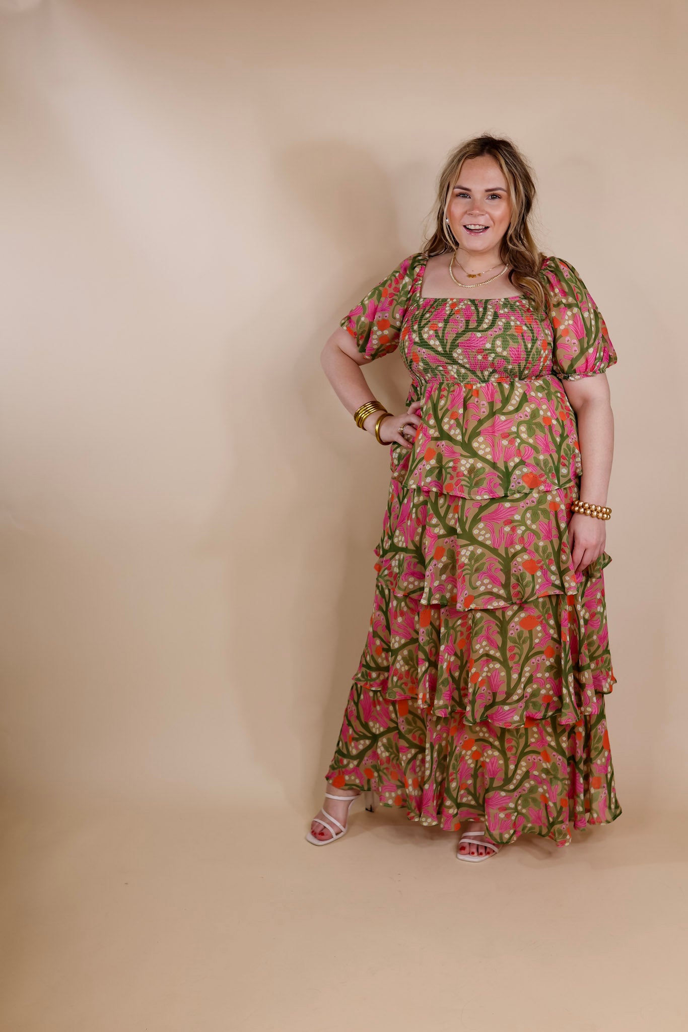 Fun Feeling Floral Tiered Maxi Dress with Smocked Balloon Sleeves in Green Mix - Giddy Up Glamour Boutique