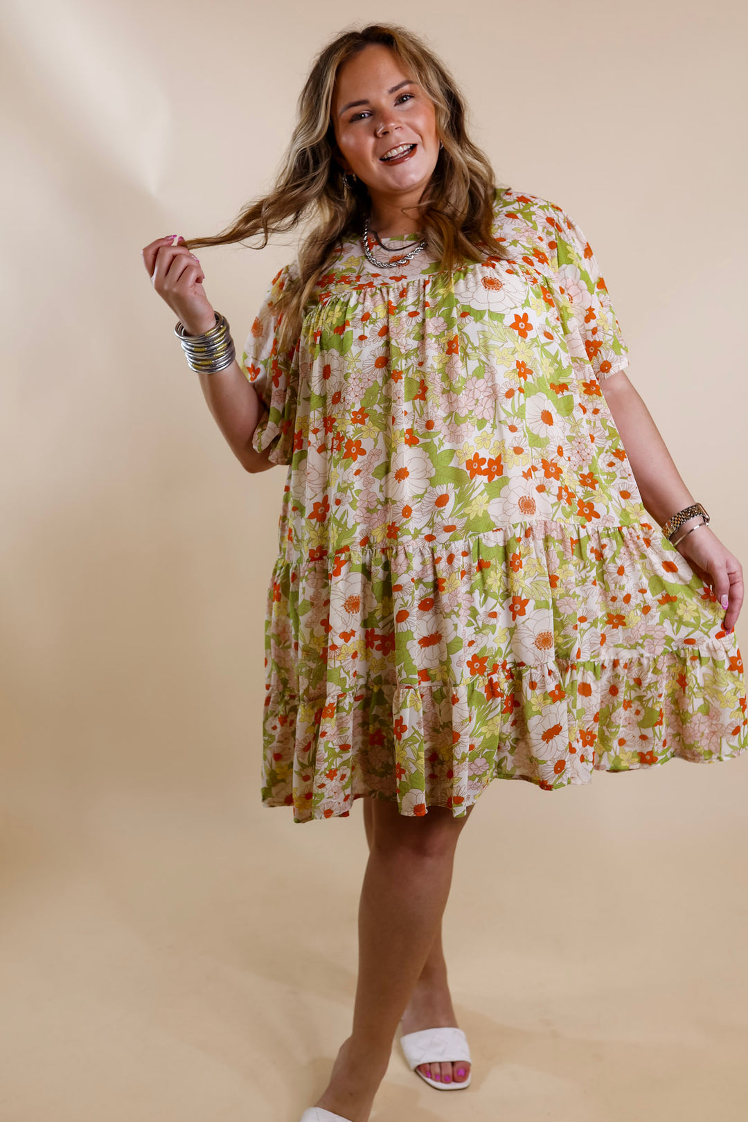 State of Bliss Ruffle Tiered Floral Dress in Lime Green and Orange - Giddy Up Glamour Boutique