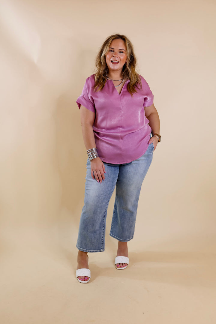 Channeling Confidence Notch Neck Short Sleeve Top in Dusty Purple - Giddy Up Glamour Boutique
