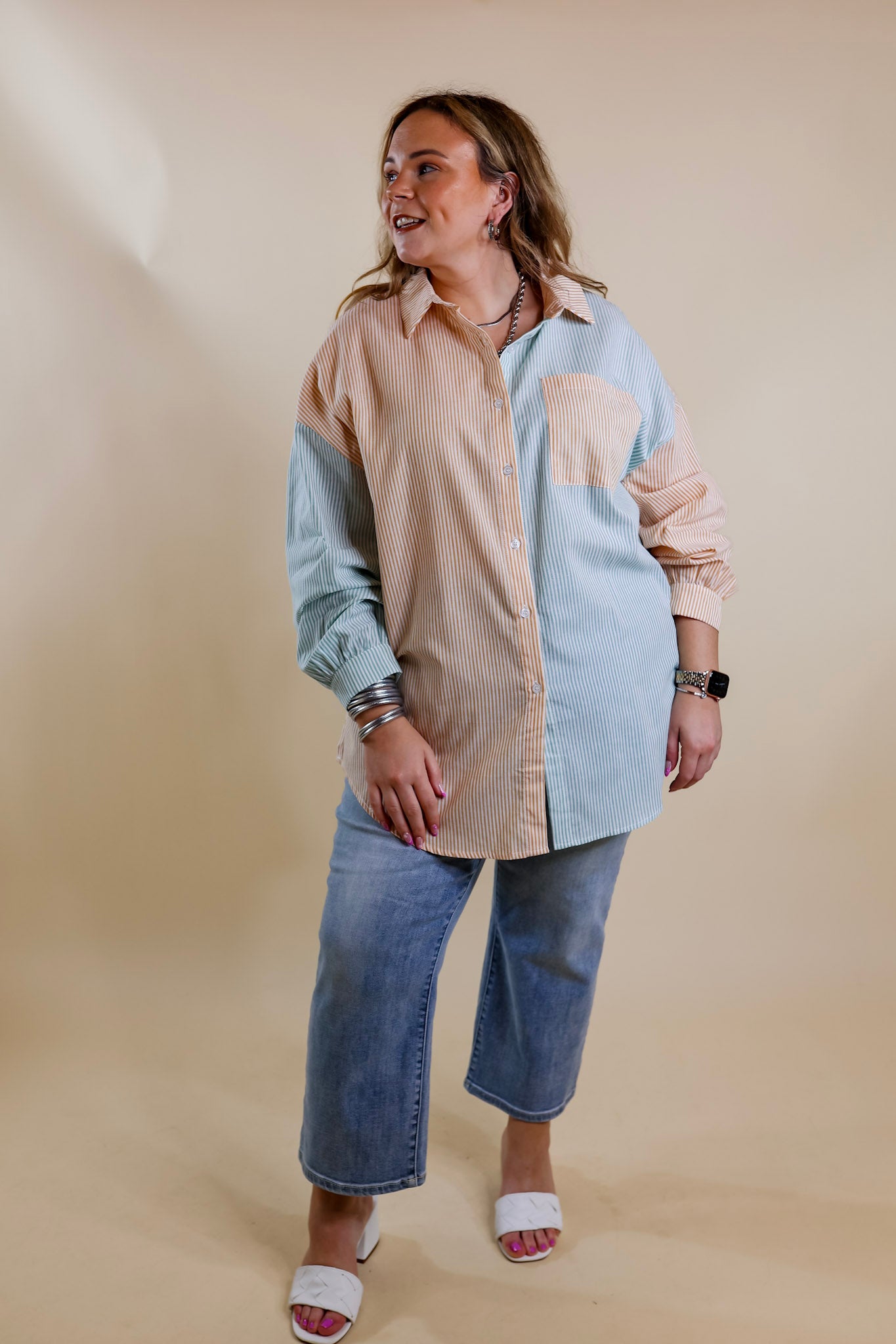 Simply Polished Pin Stripe Long Sleeve Button Up Top in Sage Green and Mustard Yellow - Giddy Up Glamour Boutique