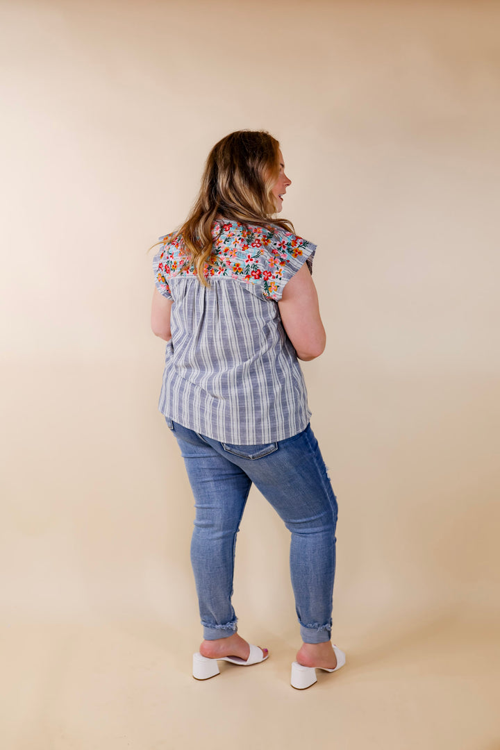 Sweet Success Floral Embroidered Striped Top with Ruffle Cap Sleeves in Dusty Blue - Giddy Up Glamour Boutique