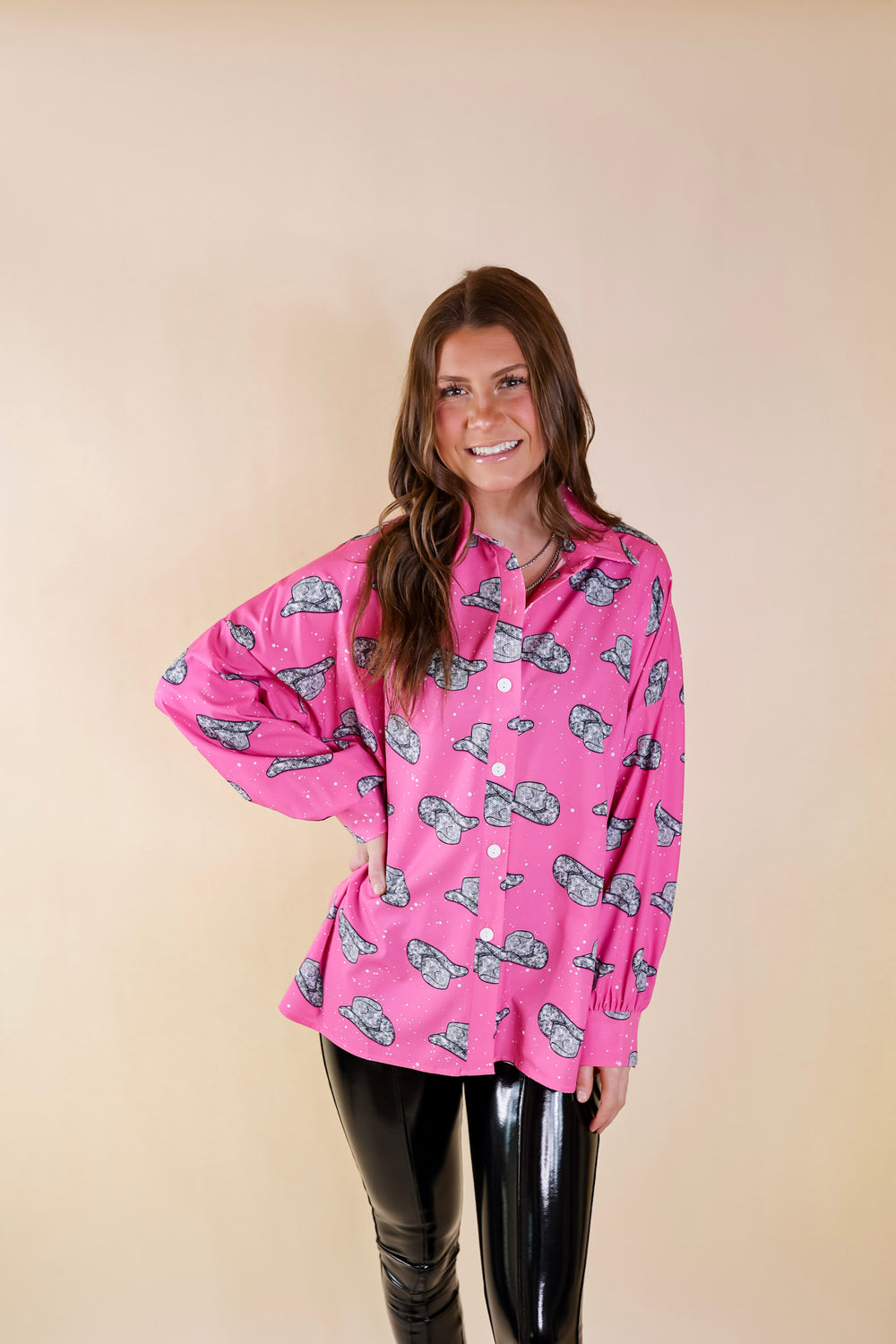 The Cowgirl Way Button Up Disco Cowboy Hat Print Top in Pink - Giddy Up Glamour Boutique